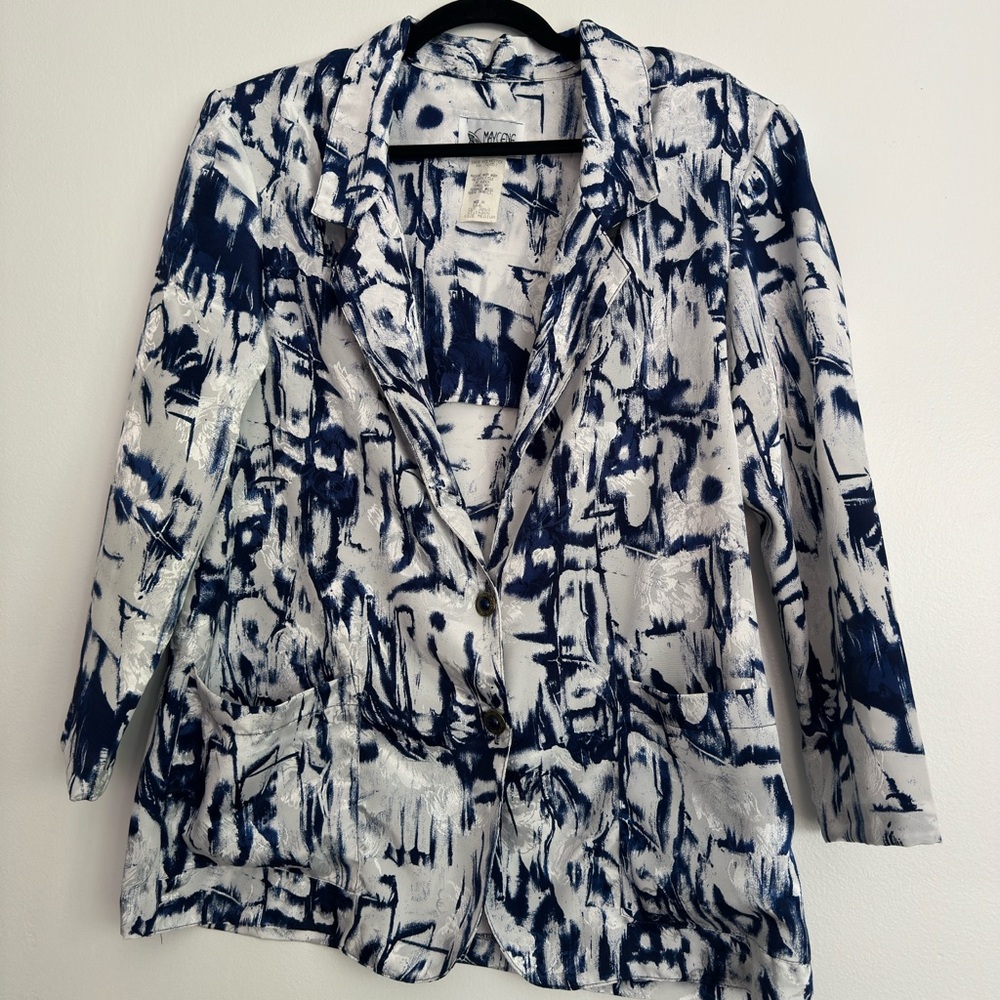 Vintage Maygene Abstract Print Blazer Navy White Floral Jacquard Jacket Medium